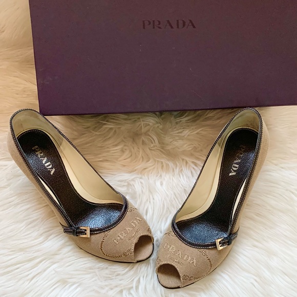 Prada Shoes - PRADA Logo Jacquard Canvas & Leather Open Toe Pumps